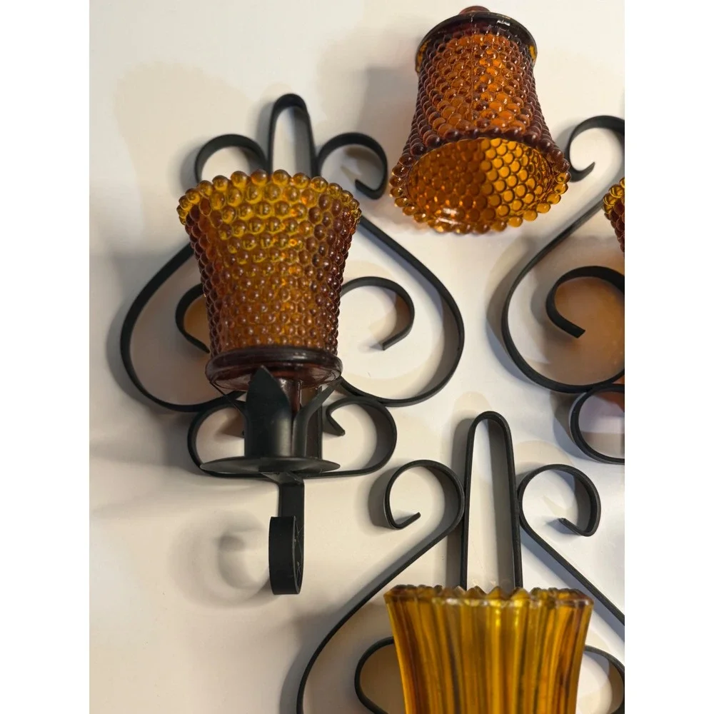 VTG Homco Wall Sconce Candle Holders Amber Hobnail Ribbed Glass‎ Black Metal X 3